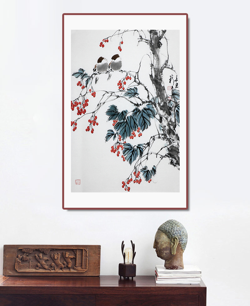 秒杀/中国美术家协会会员陈薪名 国画花鸟《红果图/45x68cm/传统