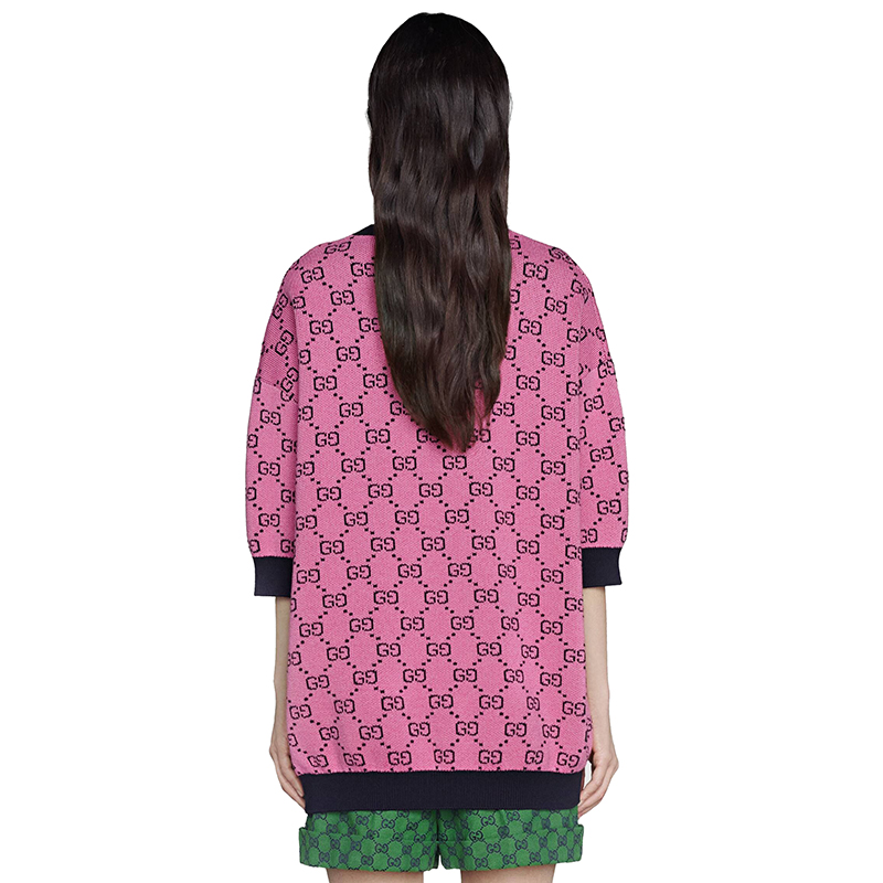 【包税】gucci/古驰 2021年新款女士粉色羊毛针织短袖套头衫 662038
