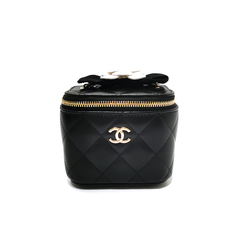 chanel/香奈儿山茶花小羊皮迷你 方盒子 斜挎包 黑色金属链条蝴蝶结