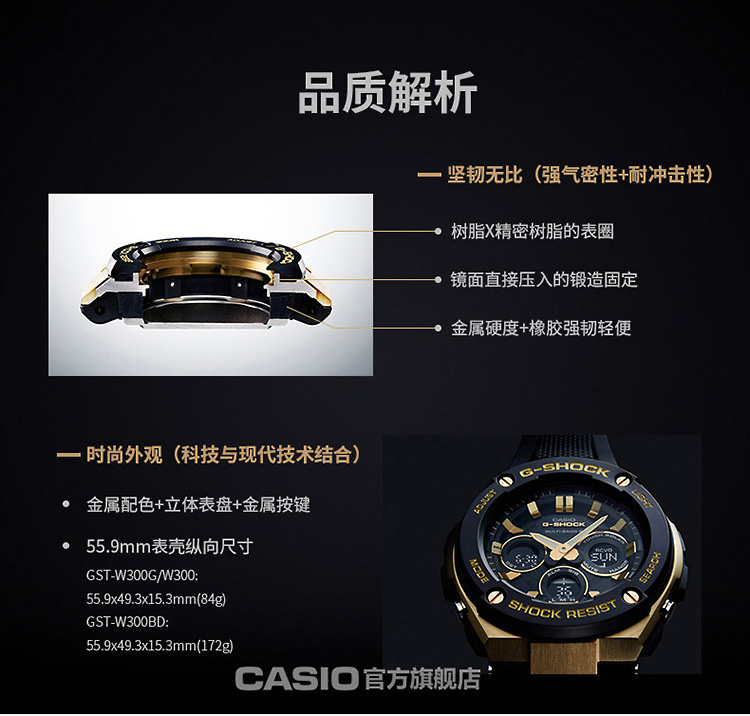 CASIO/卡西欧 G-SHOCK系列双显太阳能电波六局防水男表GST-W300G-1A2PR