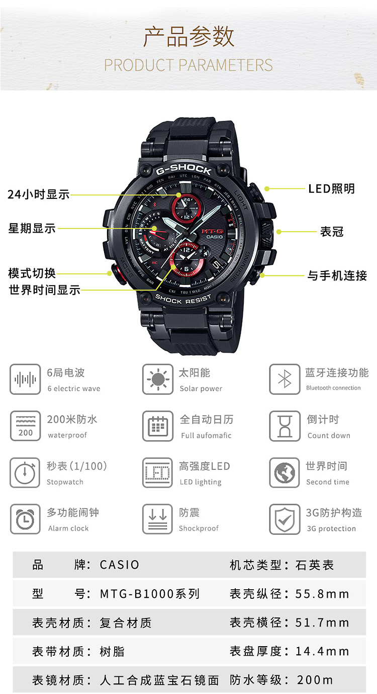 CASIO/卡西欧 G-SHOCK系列太阳能动力蓝牙功能电波六局防水男表MTG-B1000B-1APR