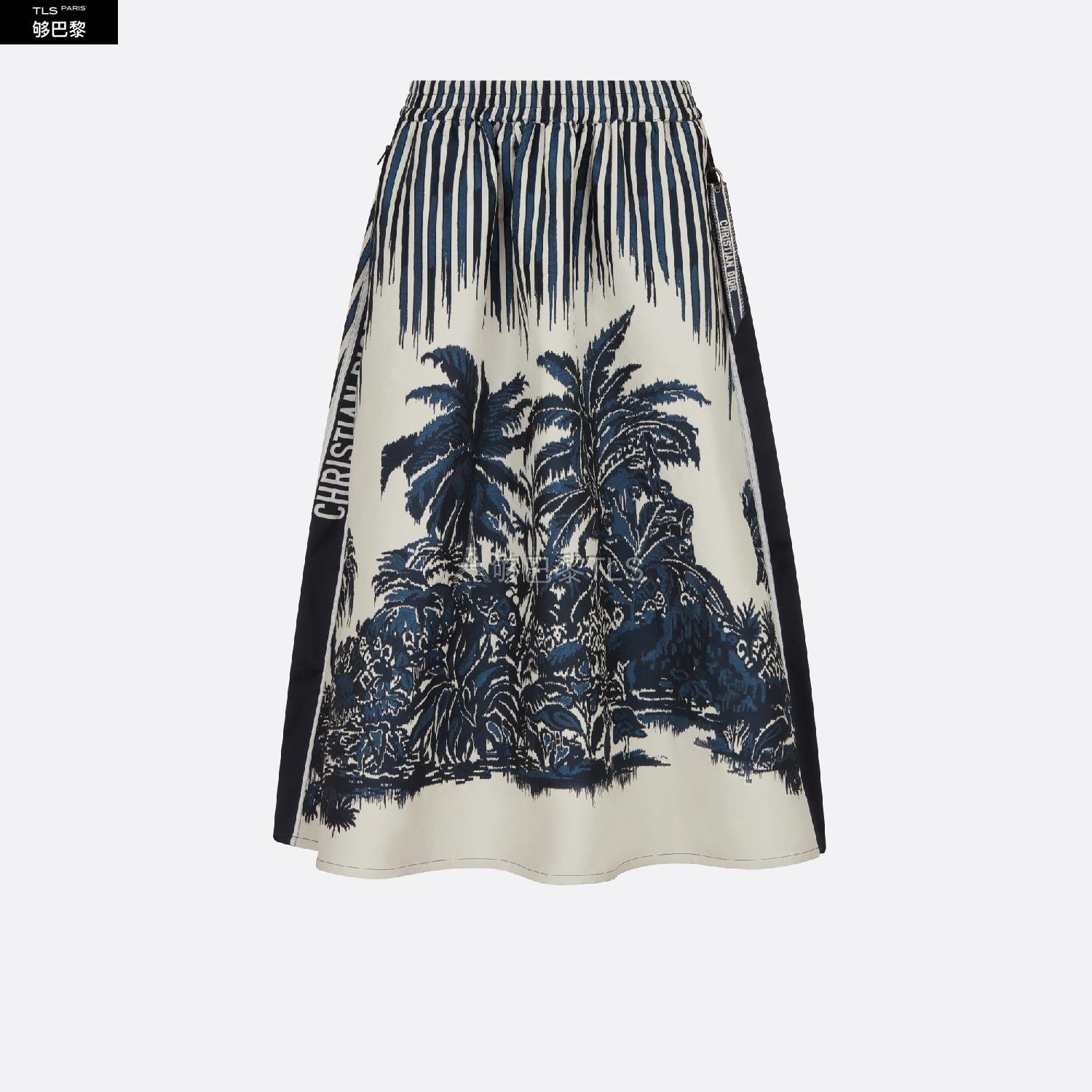 21年秋冬 女士 半身裙 迷笛裙-蓝色和白色科技塔夫绸-dior-palms-印花