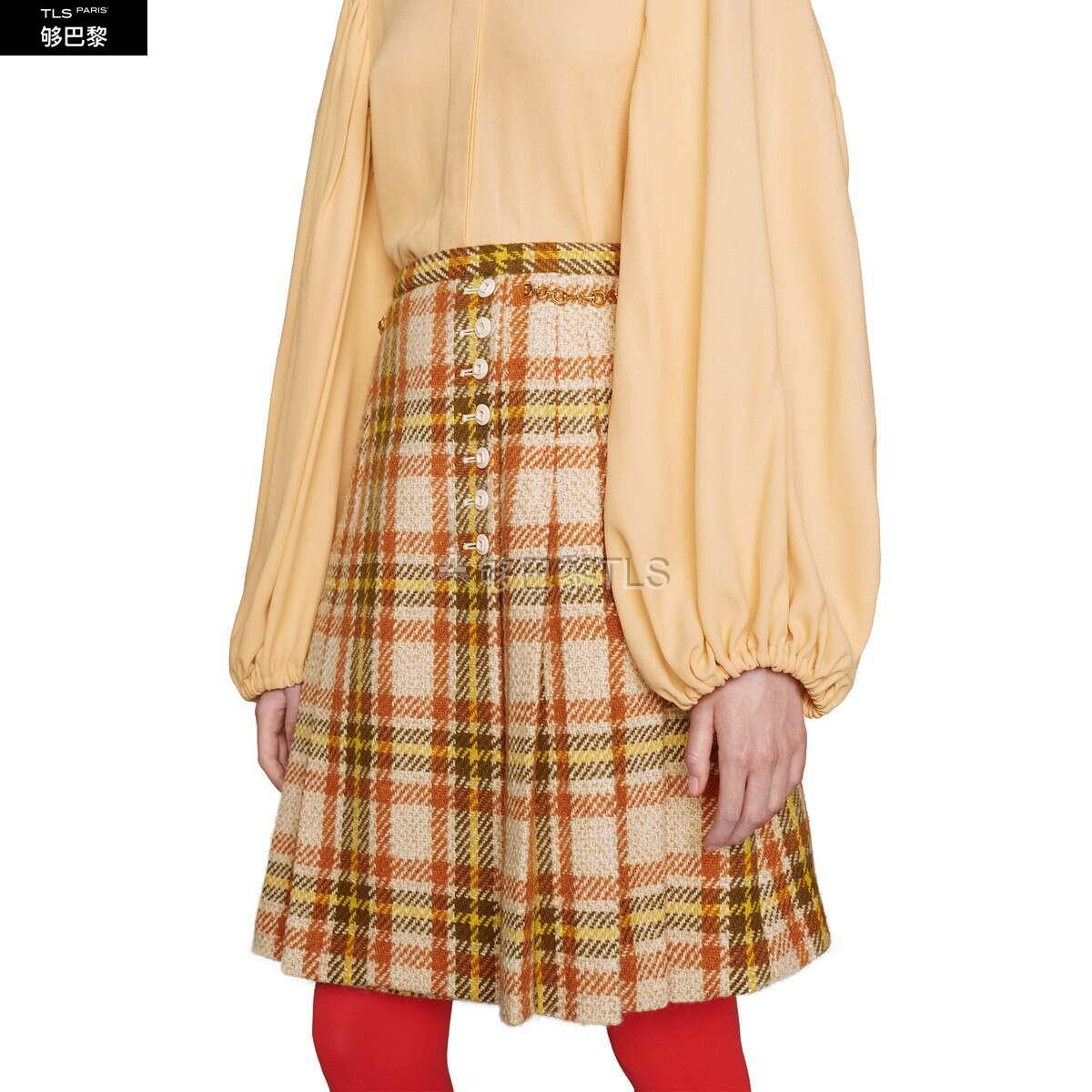 【包邮包税】 gucci古驰 21年春夏 女士 饰马衔扣格纹羊毛半身裙