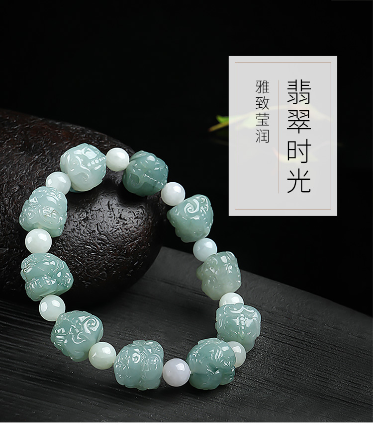 印象眸/印象眸 翡翠手串 立体雕刻貔貅瑞兽头男款单圈玉石手链 附送