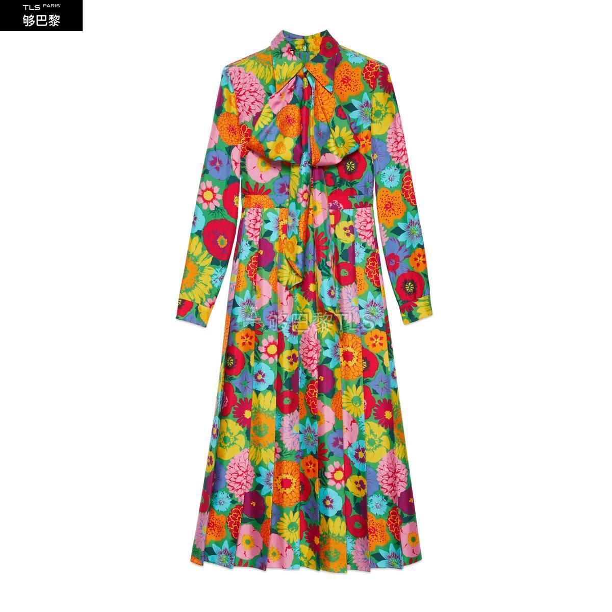 gucci古驰 21年秋冬 女士 艺术家ken scott印花系列褶裥连衣裙 648923