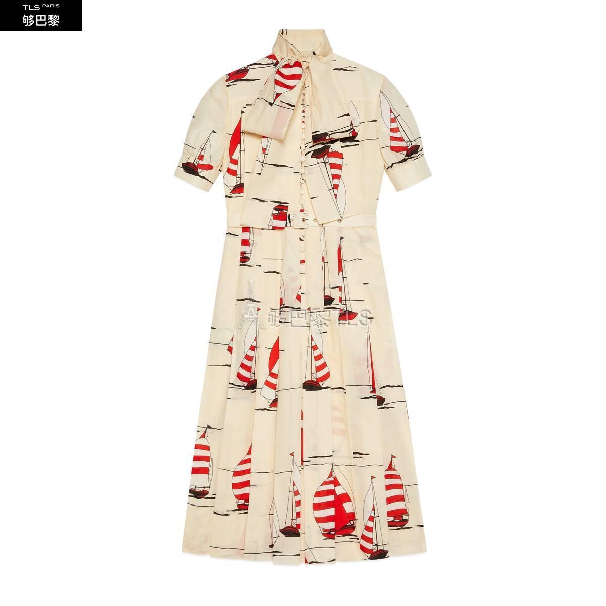 【包邮包税】 gucci古驰 21年秋冬 女士 航海风印花棉麻连衣裙 654450