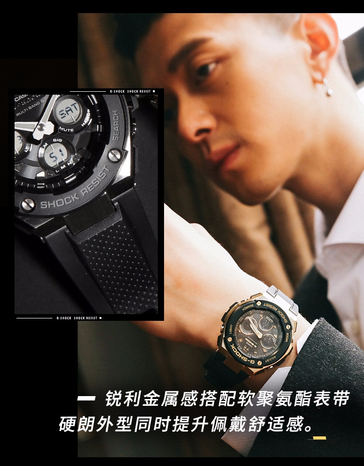 CASIO/卡西欧 G-SHOCK系列太阳能电波六局时尚防水男表GST-W300G-1A9PR