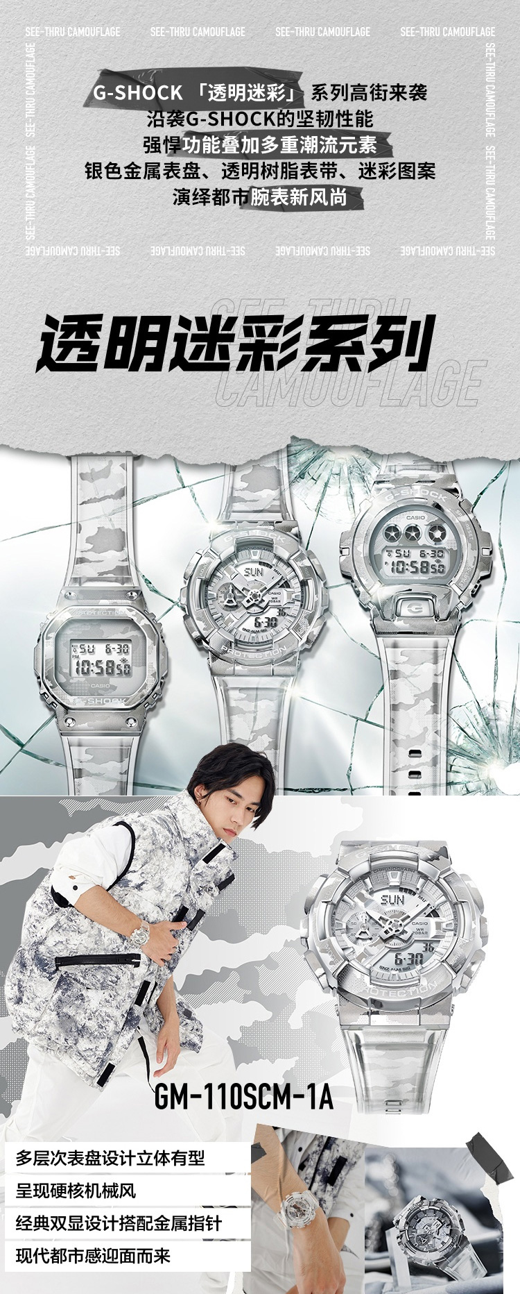 CASIO/卡西欧 G-SHOCK金属透明迷彩系列时尚防水男表GM-6900SCM-1PRT