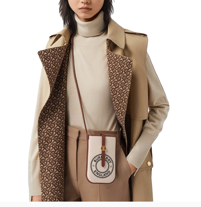 burberry/博柏利 女士白棕拼色帆布配皮圆形字母徽标图案斜挎包单肩包