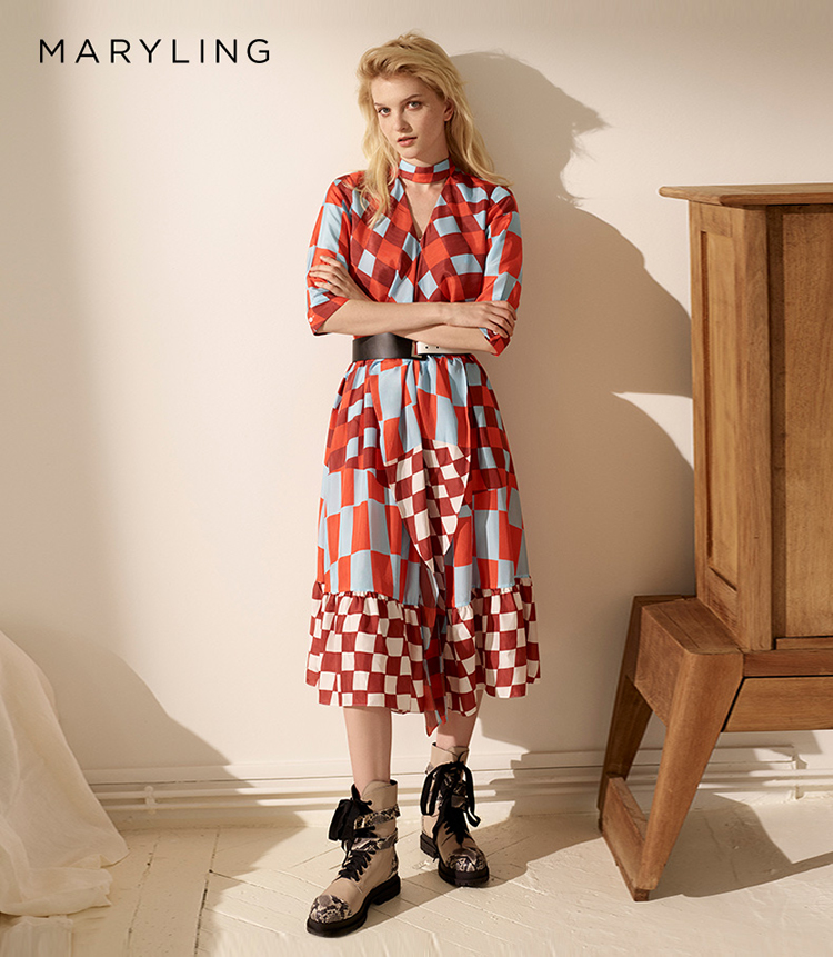 maryling/玛俪琳2021夏季格纹女士连衣裙时尚真丝撞色印花裙a1ab65900