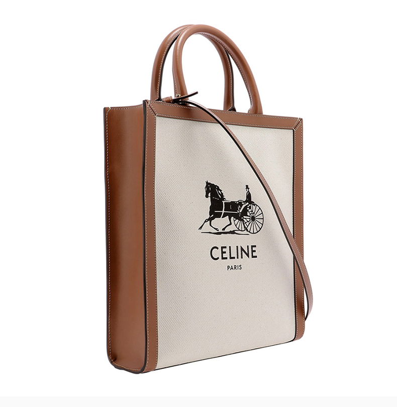 【包稅】celine/賽琳 女士米色棉質配皮字母徽標馬車圖案印花單肩包斜