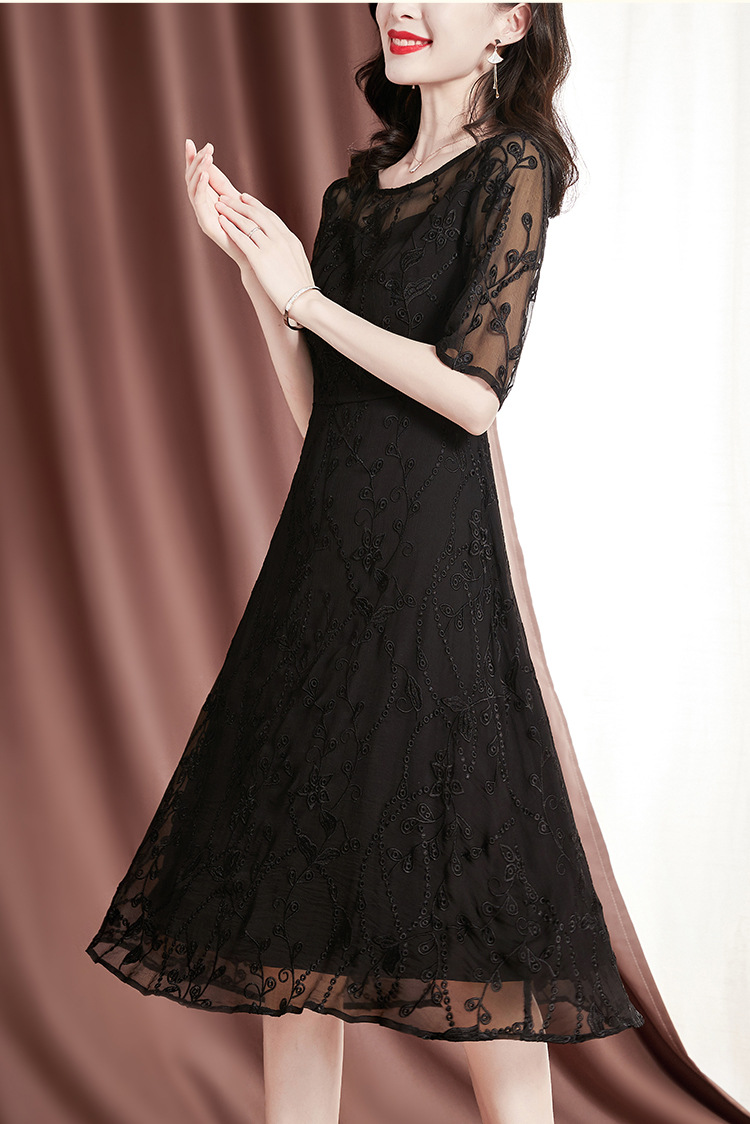 geleistory/geleistory 2021夏季新款大码真丝中年连衣裙中长款蕾丝边