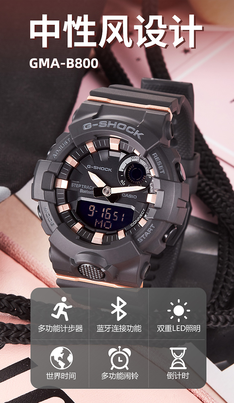 CASIO/卡西欧 G-SHOCK系列多功能计步蓝牙功能时尚防水女表GMA-B800-1APR