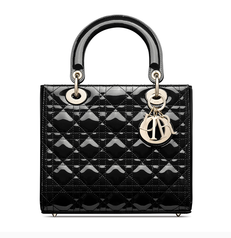 dior/迪奥 lady dior系列中号女士黑色漆皮小牛皮立体菱形绗缝经典