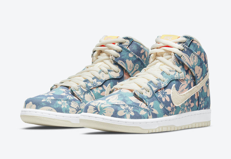 nike/耐克 sb dunk high 男女同款 夏威夷 米黄 花卉 撕撕乐 滑板鞋