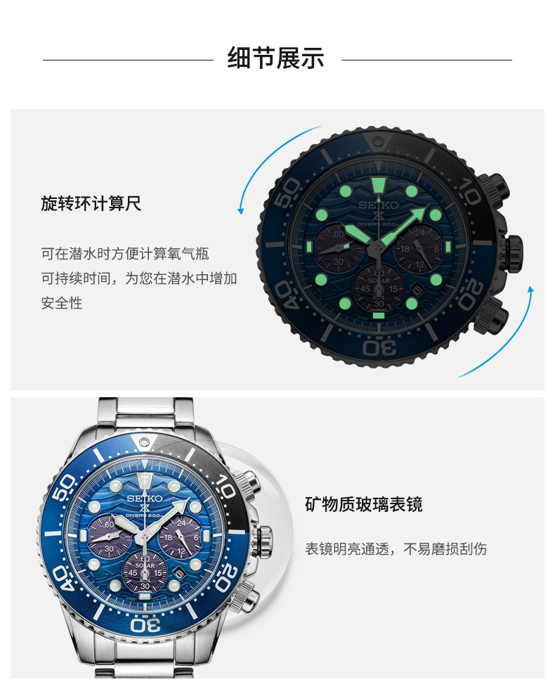 SEIKO/精工 PROSPEX系列200米防水太阳能动力蓝盘钢带腕表大白鲨特别版SSC741P1