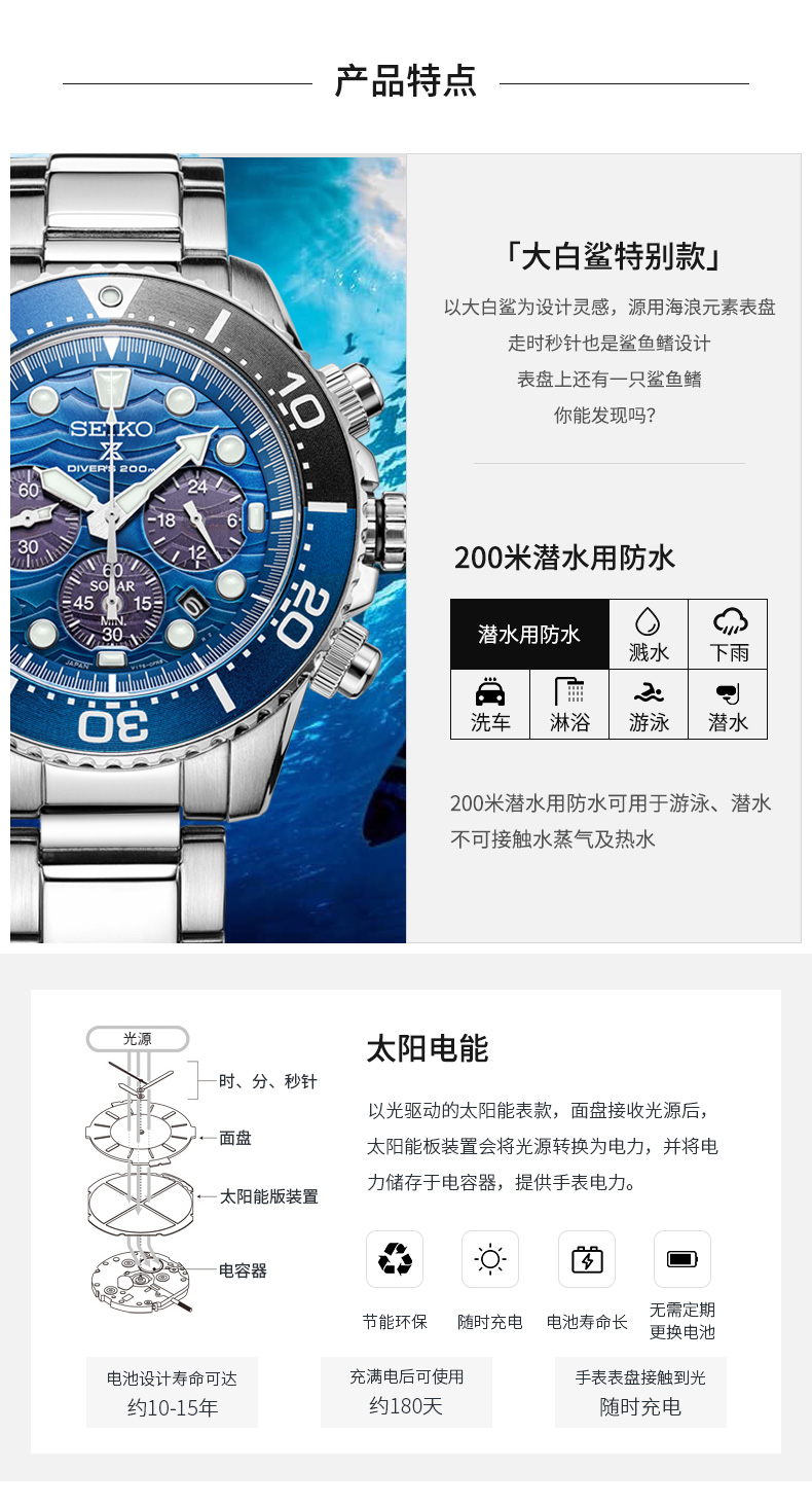 SEIKO/精工 PROSPEX系列200米防水太阳能动力蓝盘钢带腕表大白鲨特别版SSC741P1