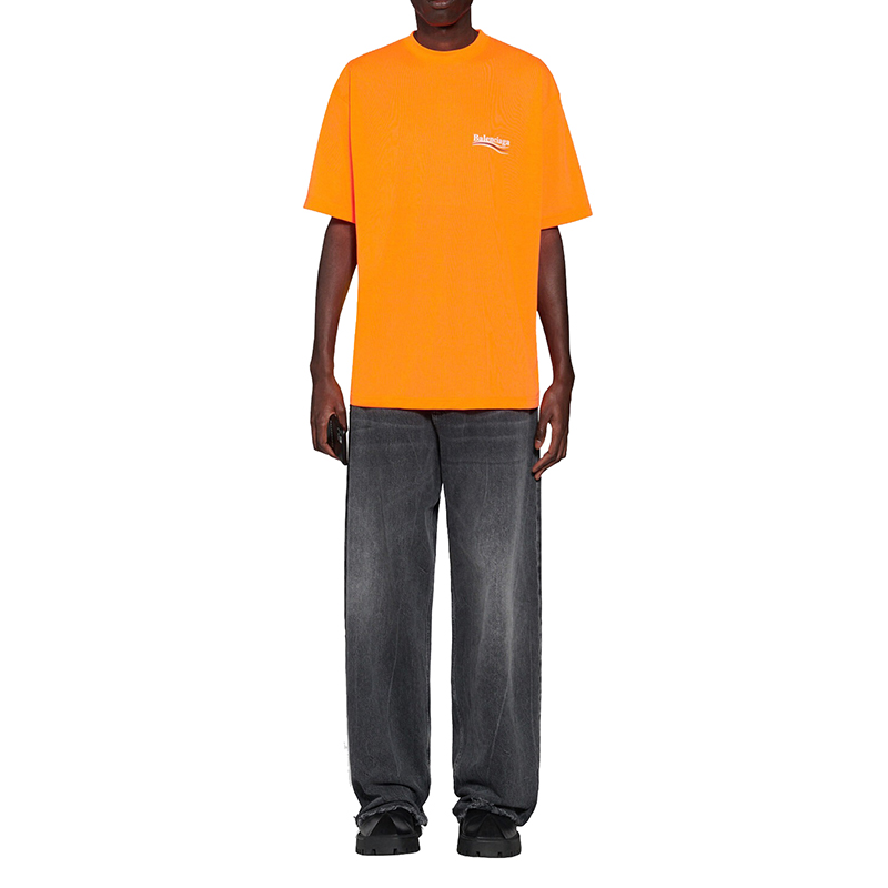 【包税】Balenciaga/巴黎世家 2021年新款 Political Campaign 荧光橙色技术平纹针织男士大号运动T恤641675TKVE87073