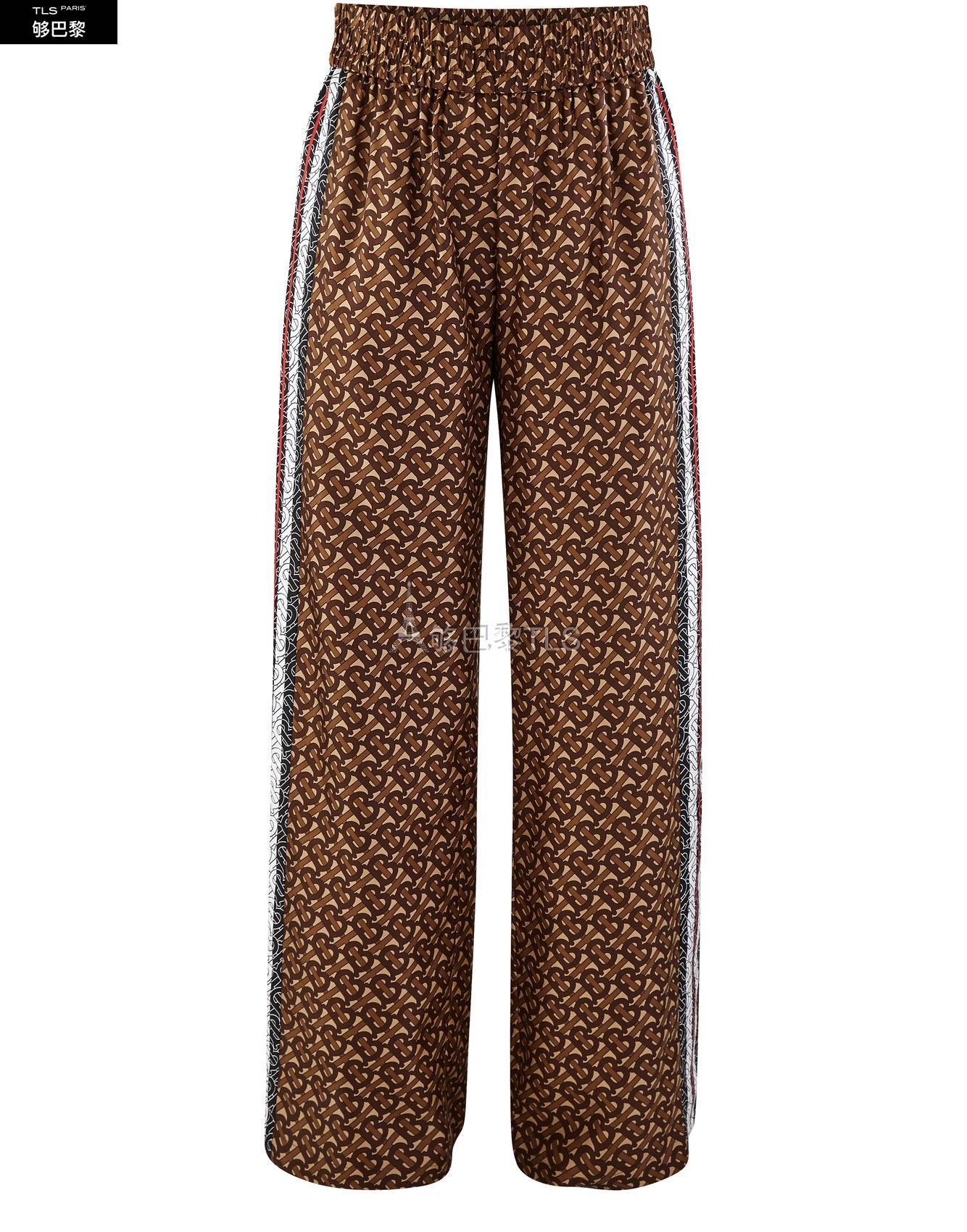 【包邮包税】 burberry 21年春夏 女士 休闲裤 交织字母条纹印花真丝