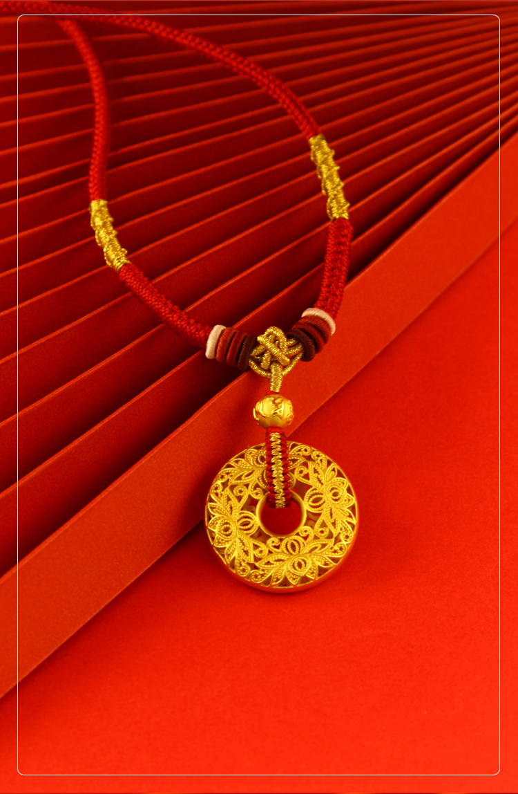 gjy/古金玥 花开富贵 古法錾刻黄金平安扣精编古法金吊坠