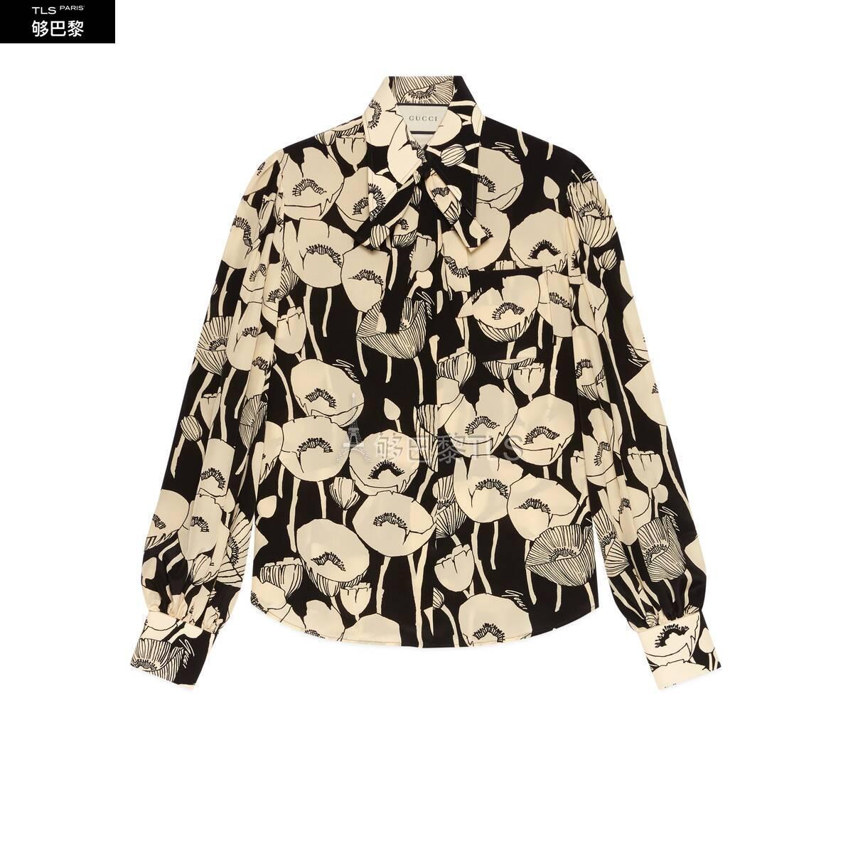 【包邮包税】 gucci古驰 21年秋冬女士 罂粟花*w*印花桑蚕丝衬衫