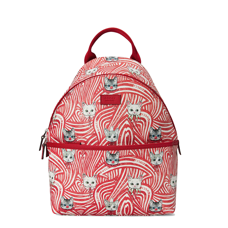 【包税】预售一个月 GUCCI/古驰 21新款Yuko Higuchi联名 儿童款红白拼色帆布猫猫图案印花红色帆布饰面书包双肩包‎27132722AAN8387