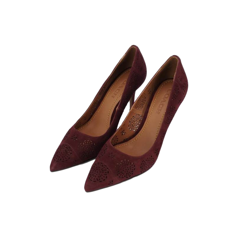 瑕疵折扣coach蔻驰红棕色翻毛皮女士高跟鞋g2201z2