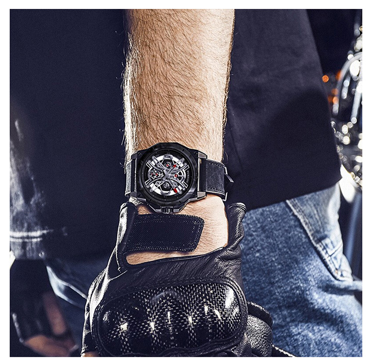 DURIUEU/杜里手表 进口机芯自动机械表商务时尚潮流男士腕表 黑皮带黑线黑盘红钻 DU-18003MEXEEEH5 全球联保