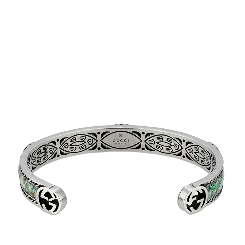 【包税】gucci/古驰 2021春夏新款 925银浅蓝色和灰色珐琅gg图案手镯