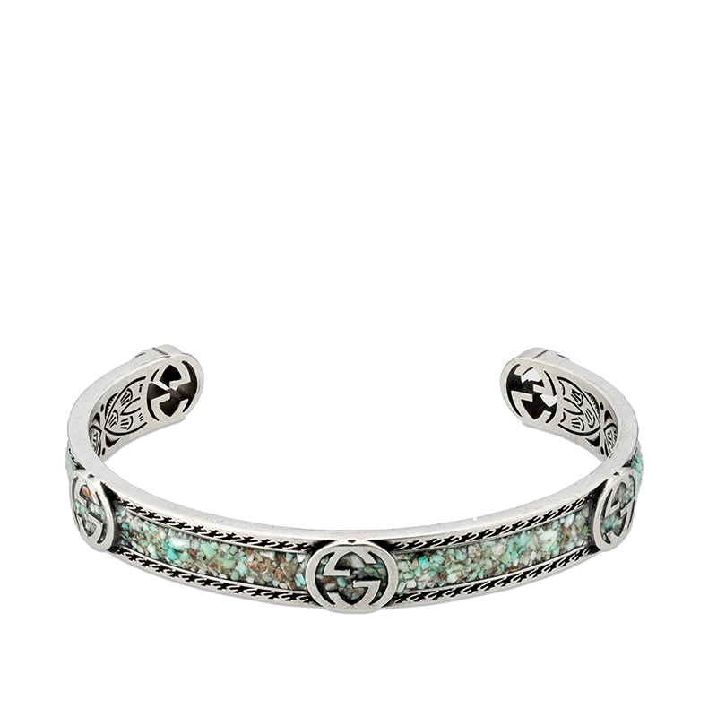 【包税】gucci/古驰 2021春夏新款 925银浅蓝色和灰色珐琅gg图案手镯