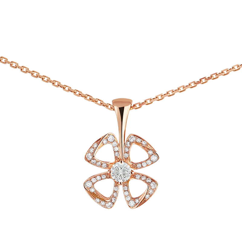 21春夏新款fiorever系列 18k金玫瑰金镶嵌钻石镂空四叶草形状吊坠项链