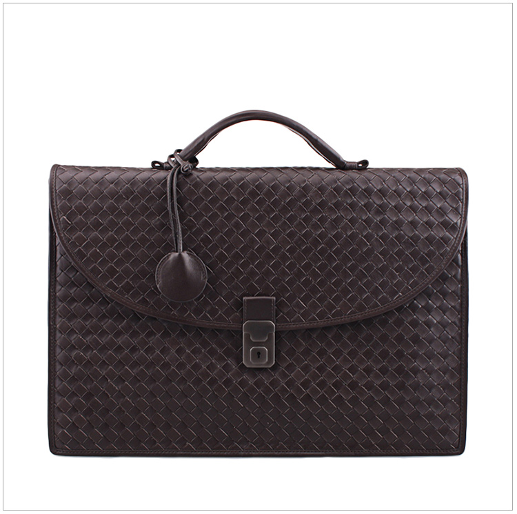 bottega veneta/葆蝶家 男士咖色羊皮经典编织款手提包公文包男包