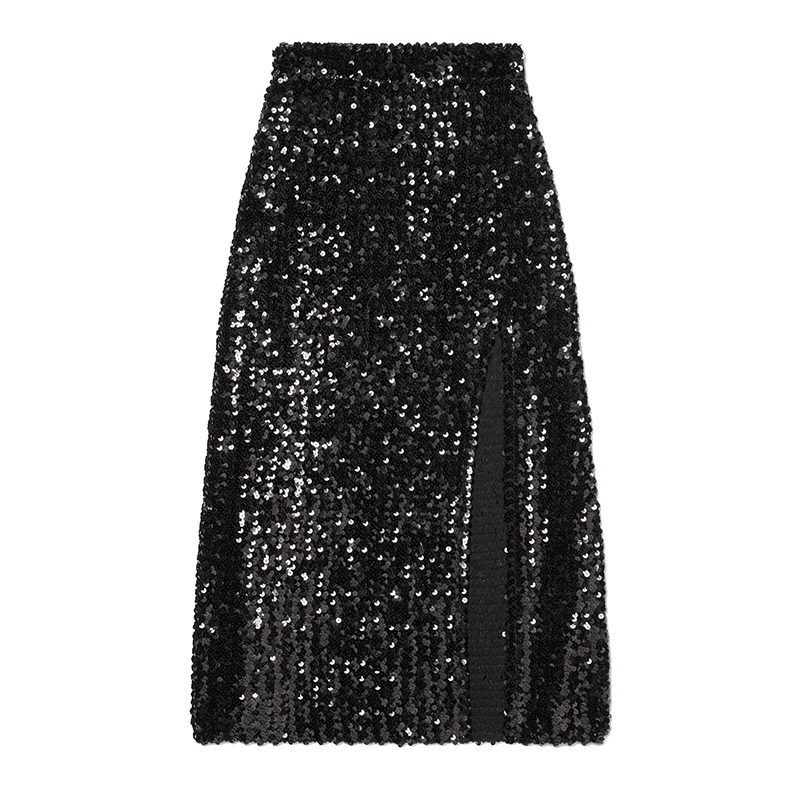 【包税】gucci/古驰 女士黑色开衩亮片刺绣半身裙617921xka781000