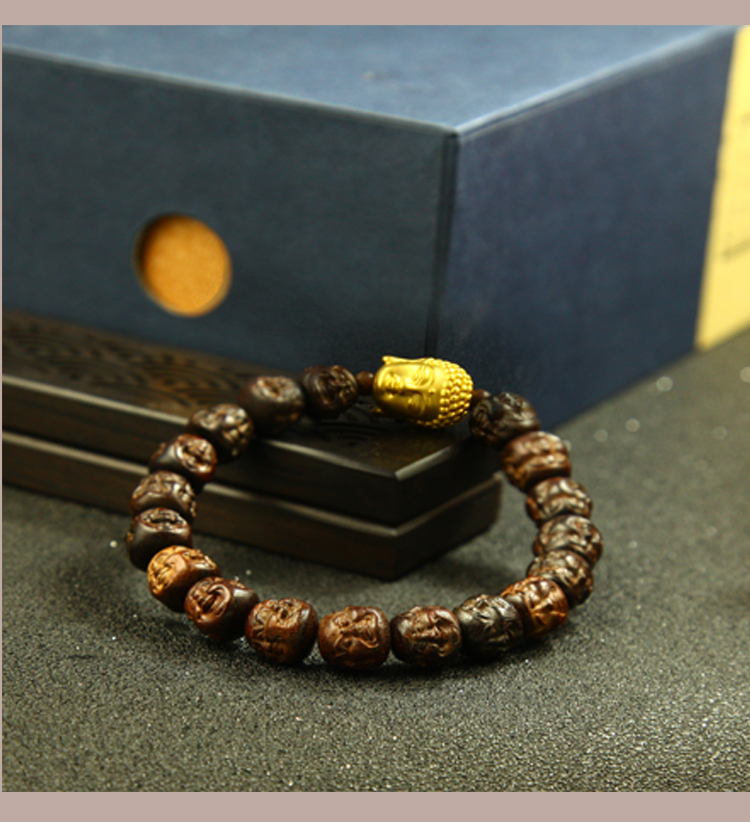 遇佛 3d硬金999足金 小叶紫檀喜怒哀乐四面佛黄金转运珠手链