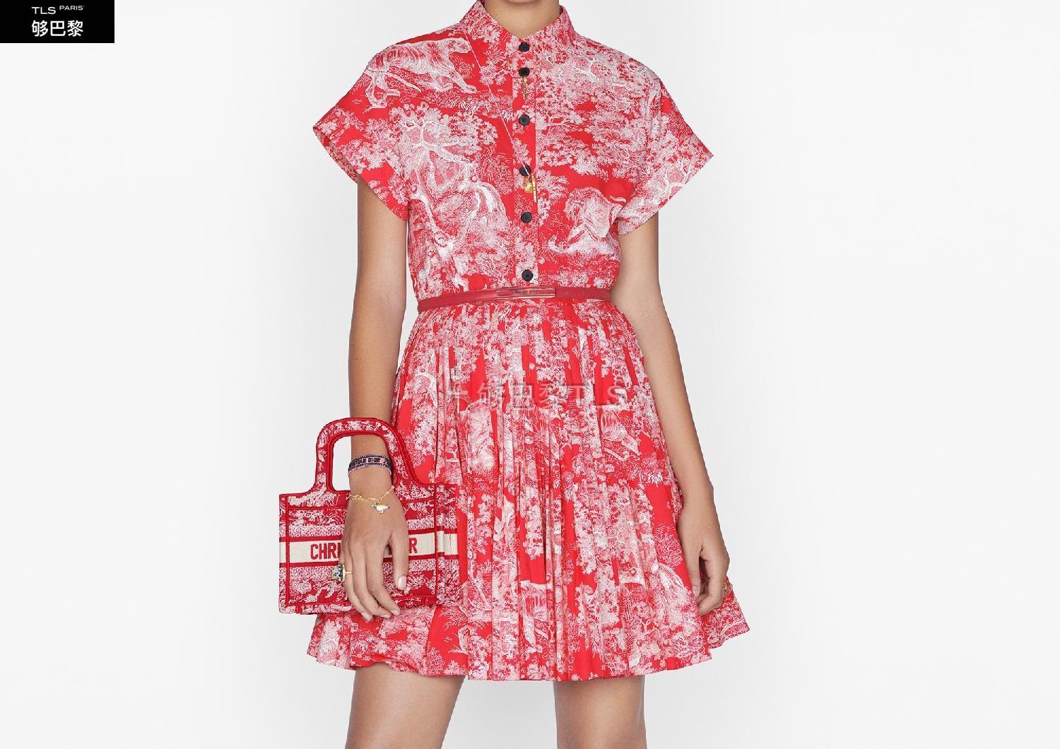 女士 连衣裙 短款褶裥连衣裙-覆盆子色棉府绸-reverse-茹伊印花 141