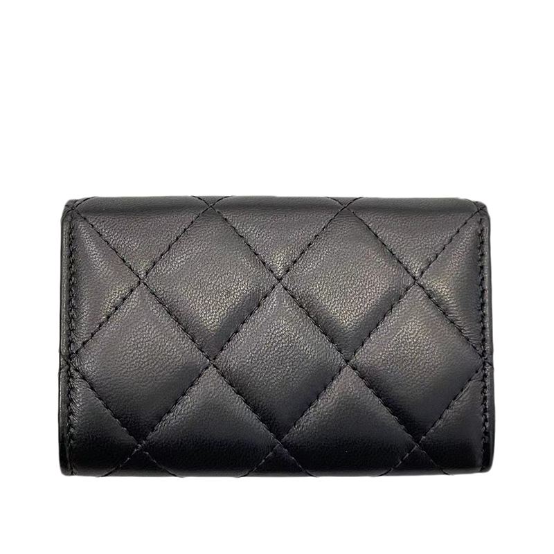 【包税】现货 chanel/香奈儿 经典款 女士黑色棱纹小羊皮银色双c装饰