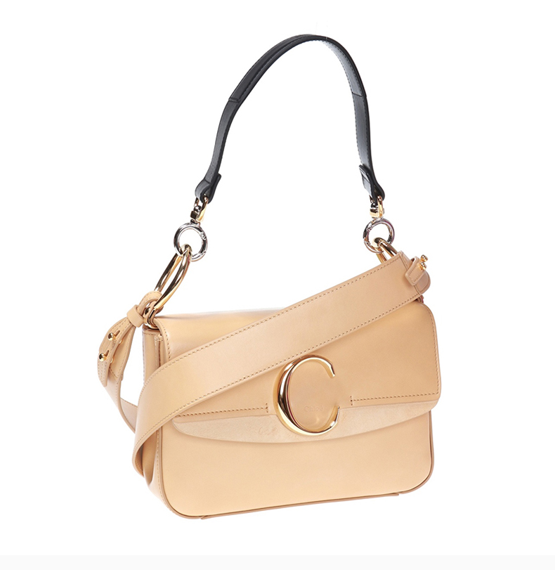 【包税】chloe/克洛伊 女士米色皮革经典金属c字徽标装饰按扣开合单肩