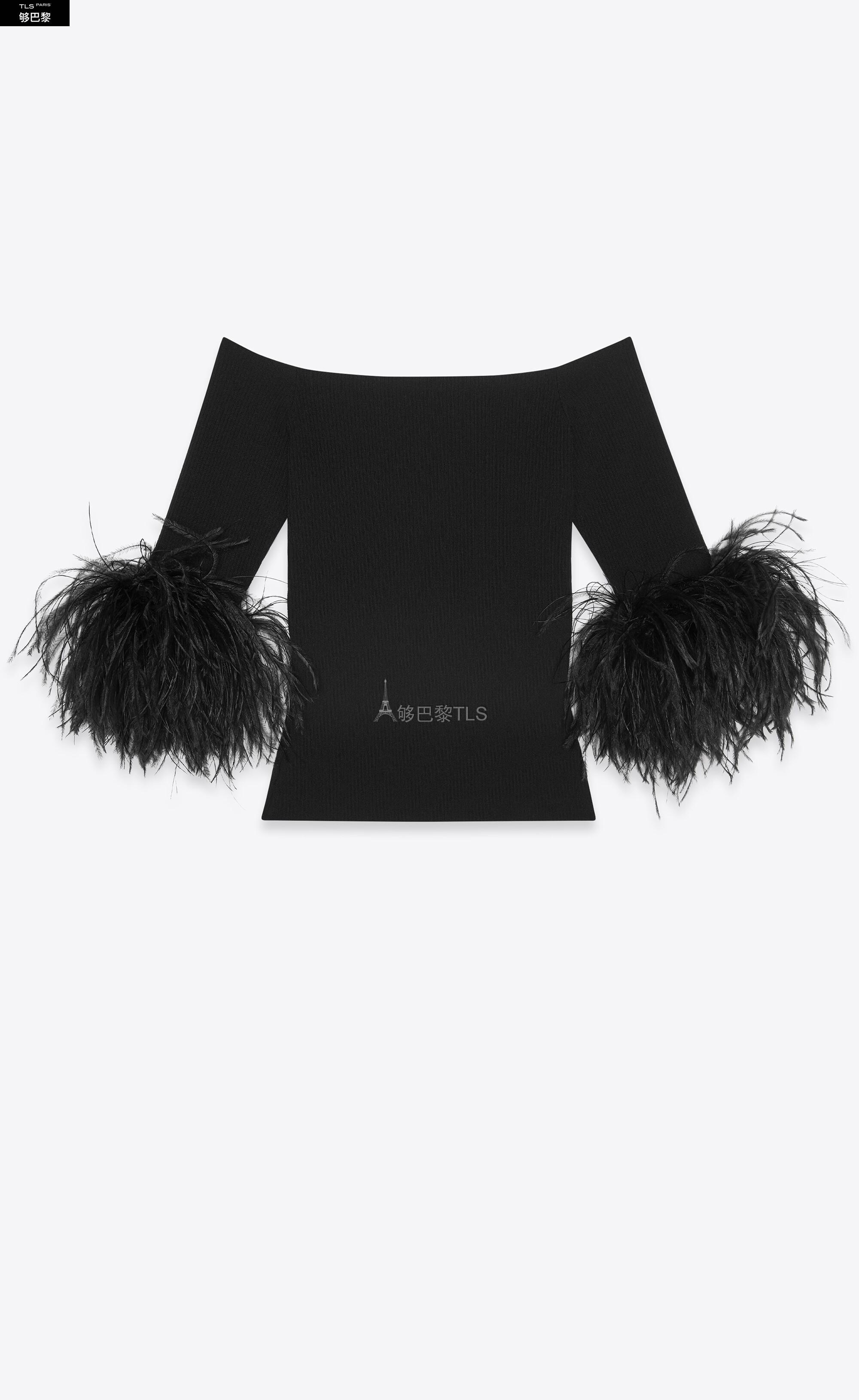 ysl圣罗兰saint laurent 21年秋冬 女士 针织衫 羊毛和鸵鸟毛罗纹上衣