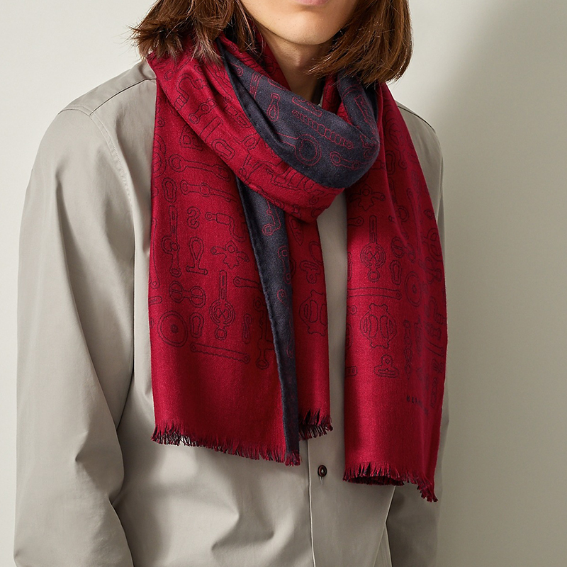 hermes/爱马仕 21年春夏新款 男士红色/海军色羊绒真丝双面围巾h70