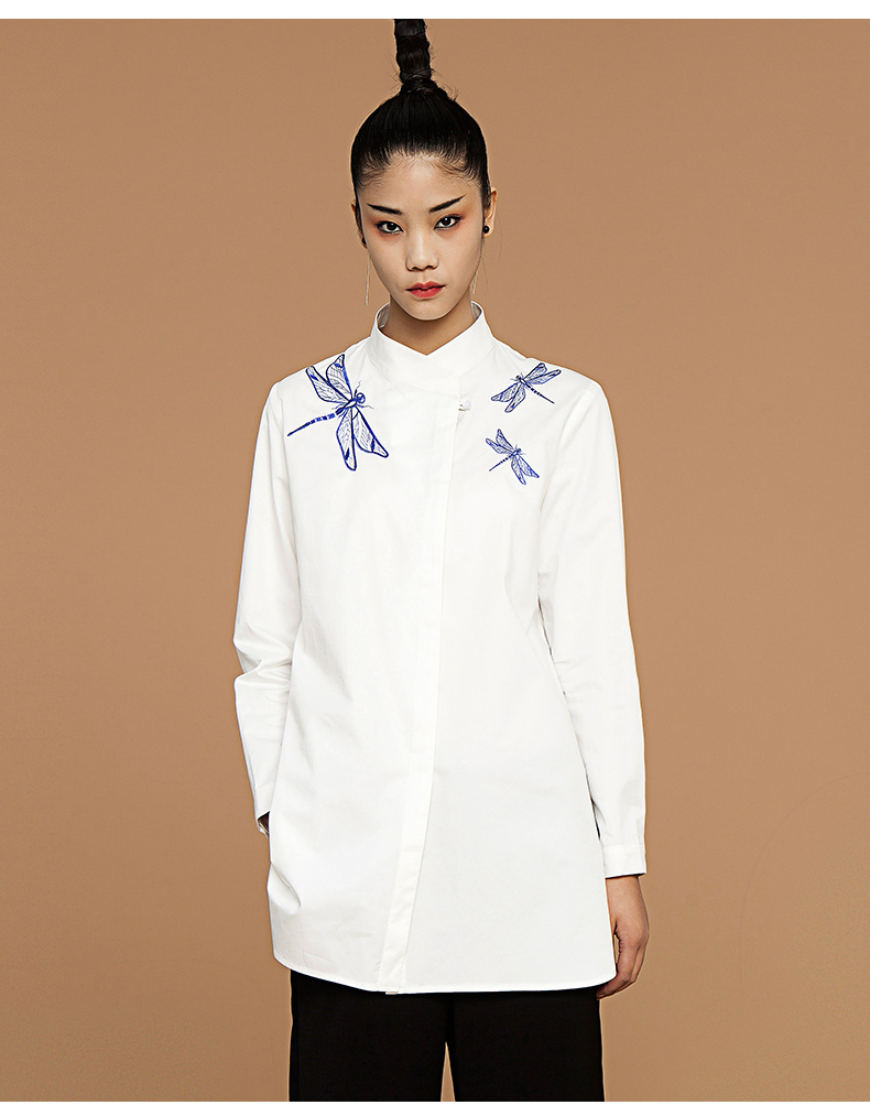 花木深中国风白衬衫女中长款刺绣衬衣女中式设计感小众上衣女长袖