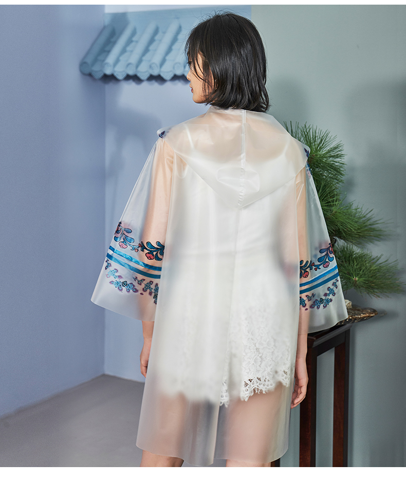 中国风半透明印花风衣外套女防风宽松休闲时尚中式七分袖女中长款