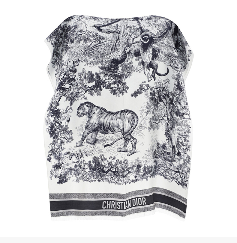dior/迪奥 女士拼色经典字母徽标丛林动物印花流苏饰边斜纹真丝斗篷