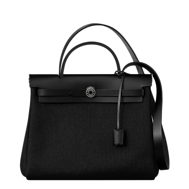 【包税】hermes/爱马仕 经典herbag 31系列 女士黑色皮革帆布银扣z刻