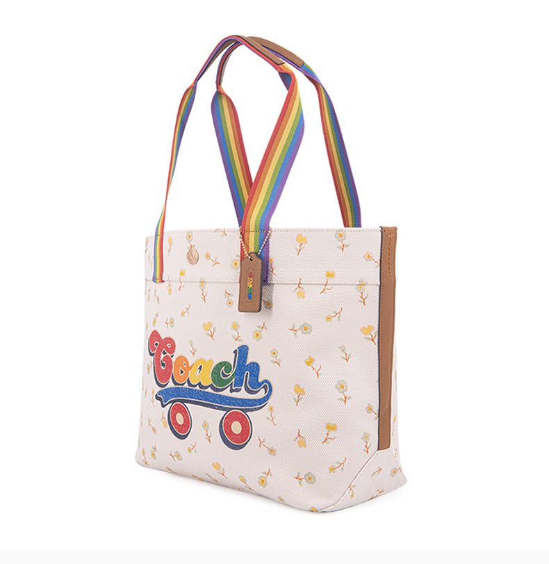 字母徽标彩虹滑板印花磁扣开合彩虹肩带单肩包手提包托特包购物包女包