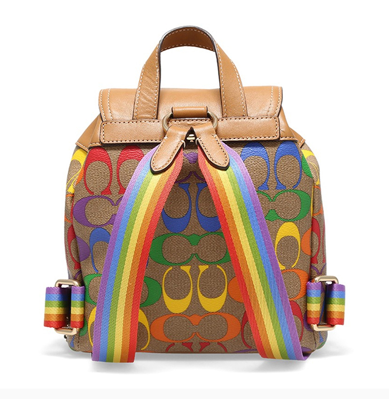 【包税 现货】coach/蔻驰 女士卡其色pvc配皮经典双c彩虹字母徽标印花