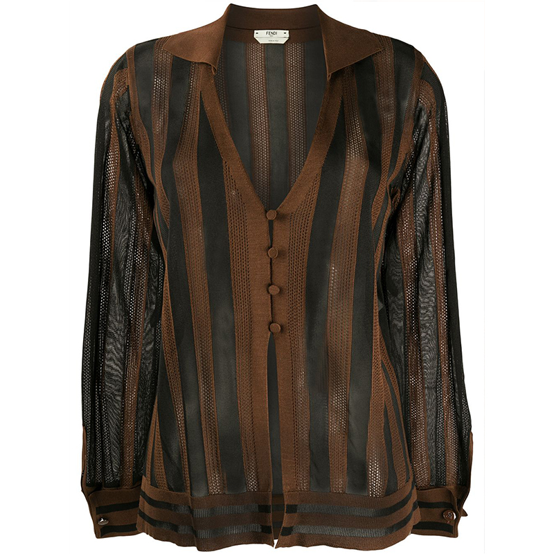 【包邮包税】fendi/芬迪 女装女士棕色条纹时尚百搭v领开衫长袖衬衫