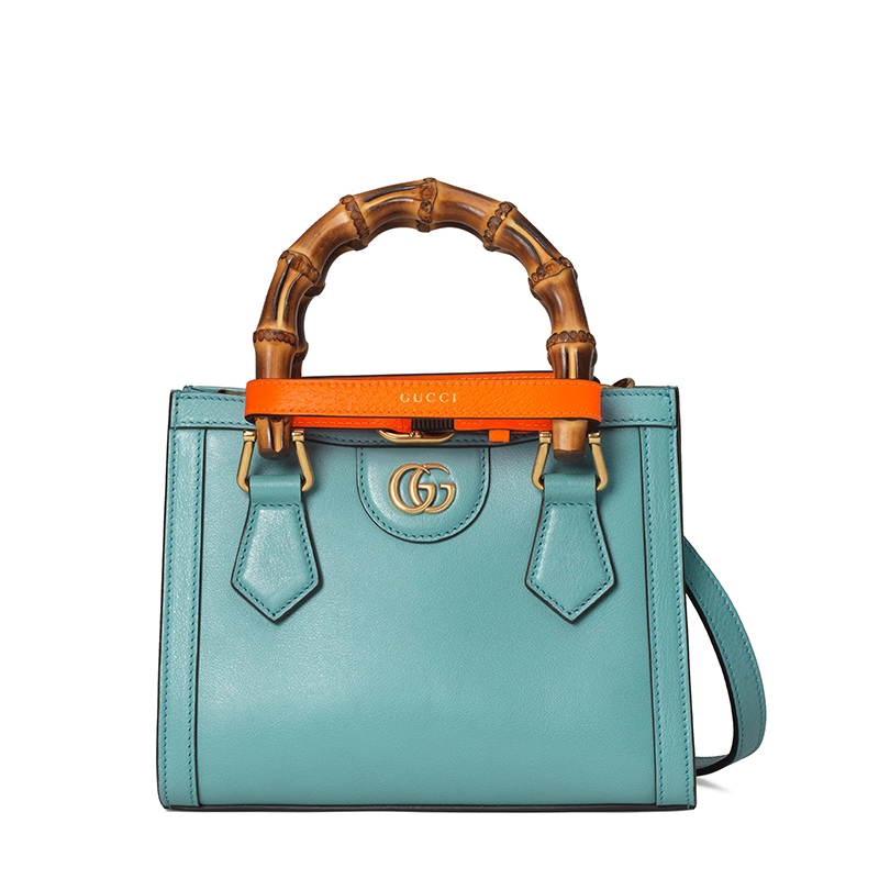 【包税】gucci/古驰21年秋冬新款diana系列 女士迷你浅蓝色皮革竹节