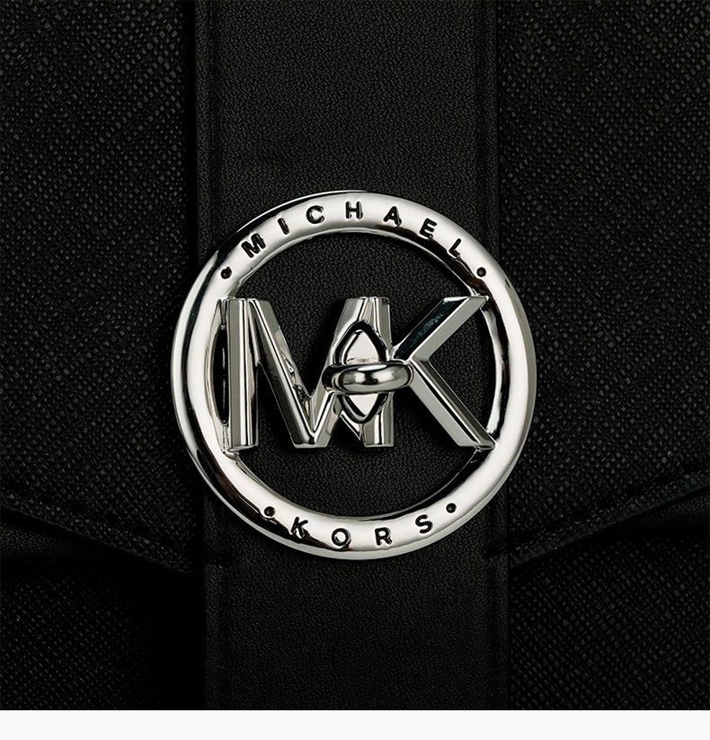 女士黑色牛皮革经典金属mk字母徽标装饰翻盖旋扣开合单肩包斜挎包女包