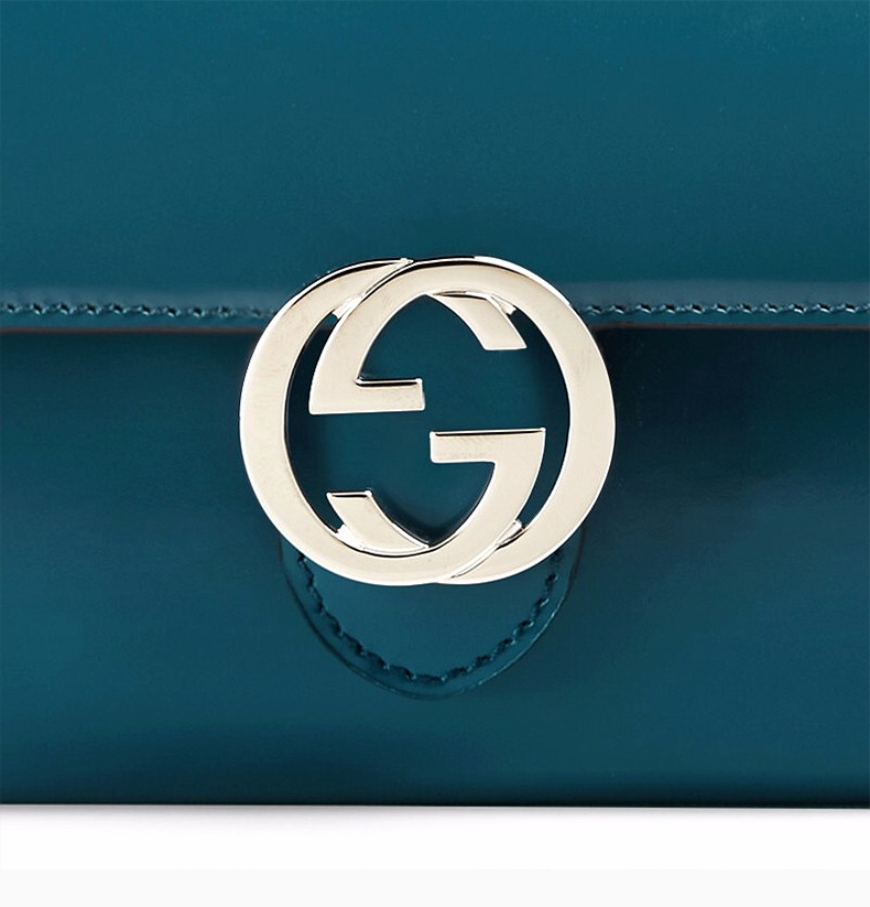 【包税】gucci/古驰 女士深蓝色漆皮经典金属双g字母徽标装饰长款钱夹