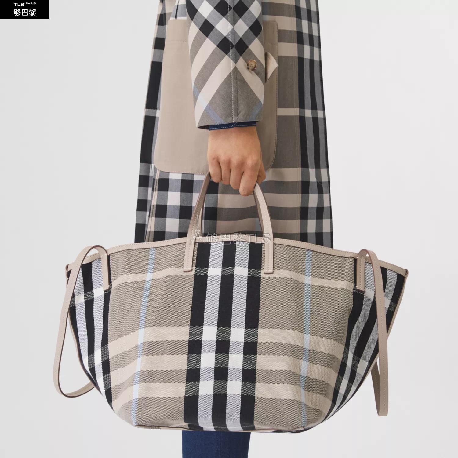 【包邮包税】 burberry 21年秋冬 女士 中号格纹帆布沙滩托特包